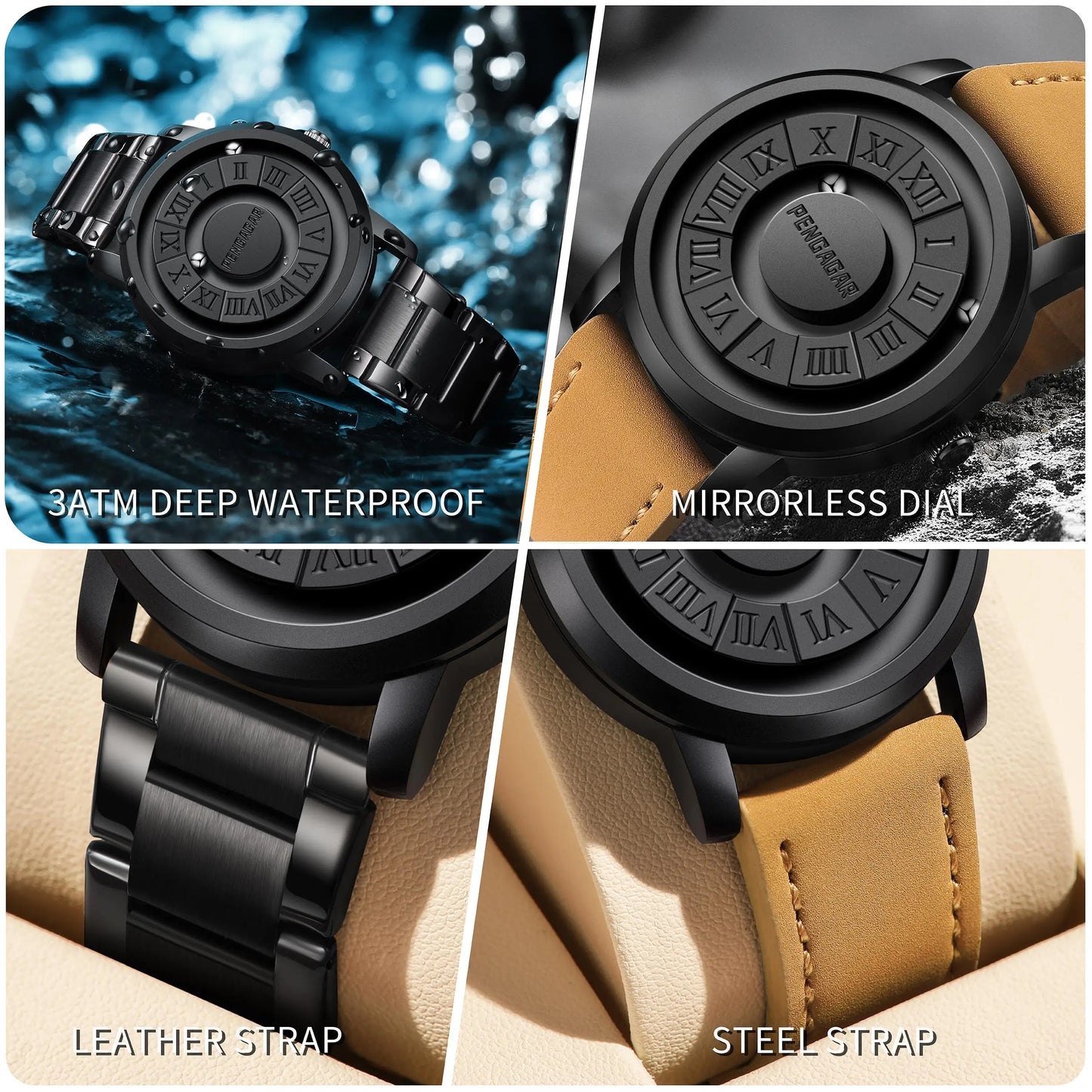 Men'S Watches Stainless Steel Quartz Watch Creative Scrolling Pointer Magnetic Force Wrist Clock Relogio Masculino +Box