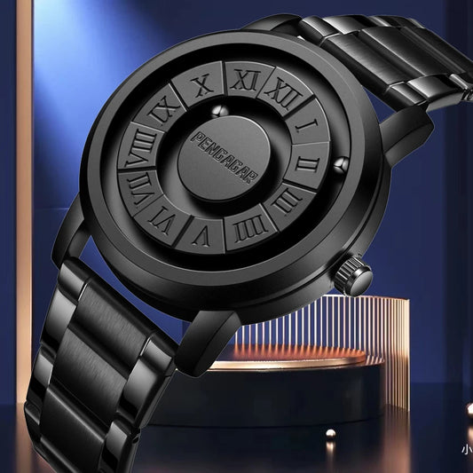 Men'S Watches Stainless Steel Quartz Watch Creative Scrolling Pointer Magnetic Force Wrist Clock Relogio Masculino +Box